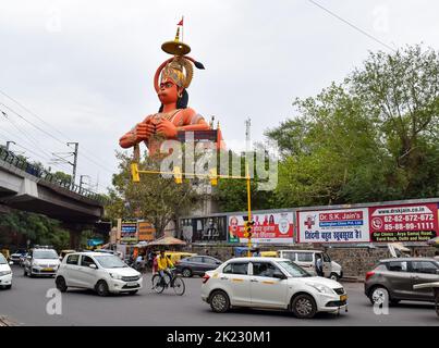 New Delhi, India - June 21, 2022 - Big statue of Lord Hanuman near the delhi metro bridge situated near Karol Bagh, Delhi, India, Lord Hanuman statue Stock Photo