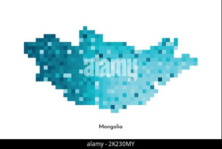 Vector isolated geometric illustration with simple icy blue shape of Mongolia map. Pixel art style for NFT template. Dotted logo with gradient texture Stock Vector