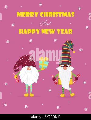 Two cute gnomes with gifts in their hands greeting card for Christmas. Vector illustration in flat style. Stock Vector