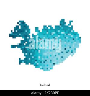Vector isolated geometric illustration with simple icy blue shape of Iceland map. Pixel art style for NFT template. Dotted logo with gradient texture Stock Vector