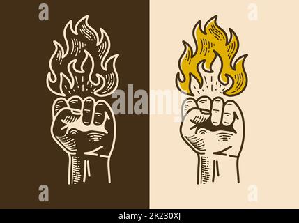 Fist with fire flame retro vintage line art design Stock Vector