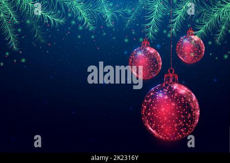 Wireframe Christmas ball and Christmas tree branches, low poly style. New Year banner. Abstract modern 3d vector illustration on blue background. Stock Vector