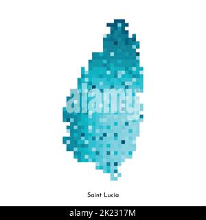 Vector isolated geometric illustration with simple icy blue shape of Saint Lucia map. Pixel art style for NFT template. Dotted logo with gradient text Stock Vector