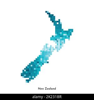 Vector isolated geometric illustration with simple icy blue shape of New Zealand map. Pixel art style for NFT template. Dotted logo with gradient text Stock Vector
