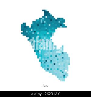 Vector isolated geometric illustration with simple icy blue shape of Peru map. Pixel art style for NFT template. Dotted logo with gradient texture for Stock Vector