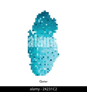 Vector isolated geometric illustration with simple icy blue shape of Qatar map. Pixel art style for NFT template. Dotted logo with gradient texture fo Stock Vector