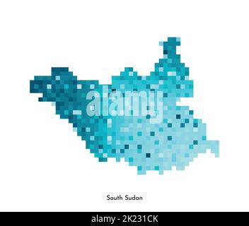 Vector isolated geometric illustration with simple icy blue shape of South Sudan map. Pixel art style for NFT template. Dotted logo with gradient text Stock Vector