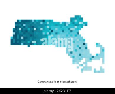 Vector isolated geometric illustration with icy blue state of USA - Commonwealth of Massachusetts map. Pixel art style for NFT template. Simple colorf Stock Vector