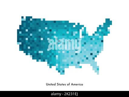 Vector isolated geometric illustration with simple icy blue shape of United States of America (US) map. Pixel art style for NFT template. Dotted logo Stock Vector