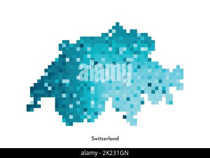 Vector isolated geometric illustration with simple icy blue shape of Switzerland map. Pixel art style for NFT template. Dotted logo with gradient text Stock Vector