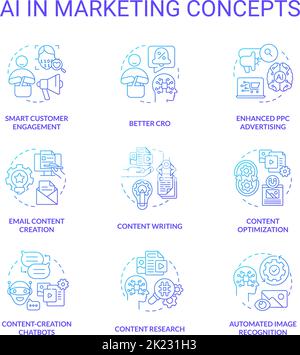 AI in marketing blue gradient concept icons set Stock Vector