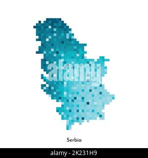 Vector isolated geometric illustration with simple icy blue shape of Serbia map. Pixel art style for NFT template. Dotted logo with gradient texture f Stock Vector