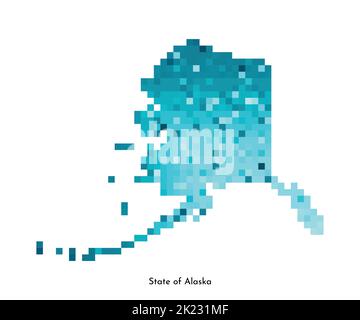 Vector isolated geometric illustration with icy blue area of USA - State of Alaska map. Pixel art style for NFT template. Simple colorful logo with gr Stock Vector