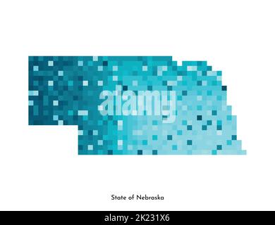 Vector isolated geometric illustration with icy blue area of USA - State of Nebraska map. Pixel art style for NFT template. Simple colorful logo with Stock Vector