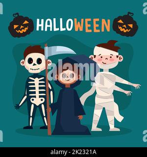 halloween lettering with kids in disguise Stock Vector