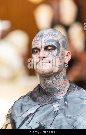 Model Dieter Rose, modelling on catwalk for VIN+OMI 'Opinions' show for London Fashion Week 2022. Recycled materials. Sustainable fashion. Stock Photo