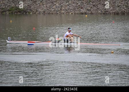 Racice, Czech Republic - September 21: Melvin Twellaar of Netherlands competing on Men's sculls quarter finals during Day 4 of the 2022 World Rowing Championships at the Labe Arena Racice on September 21, 2022 in Racice, Czech Republic. (Vit Cerny/CTK Photo/BSR Agency)