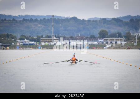 Racice, Czech Republic - September 21: Melvin Twellaar of Netherlands competing on Men's sculls quarter finals during Day 4 of the 2022 World Rowing Championships at the Labe Arena Racice on September 21, 2022 in Racice, Czech Republic. (Vit Cerny/CTK Photo/BSR Agency)
