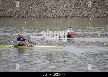 Racice, Czech Republic - September 21: Melvin Twellaar of Netherlands and Oliver Zeidler of Germany, competing on Men's sculls quarter finals during Day 4 of the 2022 World Rowing Championships at the Labe Arena Racice on September 21, 2022 in Racice, Czech Republic. (Vit Cerny/CTK Photo/BSR Agency)