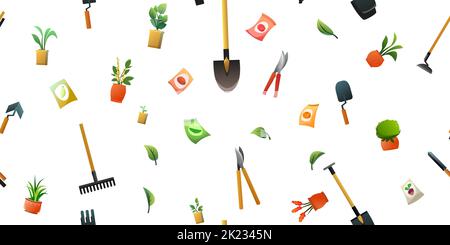 Agricultural rural garden tool. Seamless pattern. Isolated on white background. Shovels rakes and hoes. Packets of vegetable seeds. Flower pots with i Stock Vector