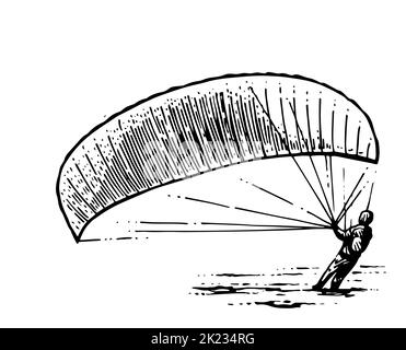 Paraglider parachutist preparing to take off. Parachute paraglider. Air extreme sport. Controlled high altitude flight. Hand drawn outline sketch. Iso Stock Vector