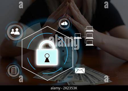 Digital padlock icon, cyber security network and data protection technology on virtual interface screen. Online internet authorized access against Stock Photo