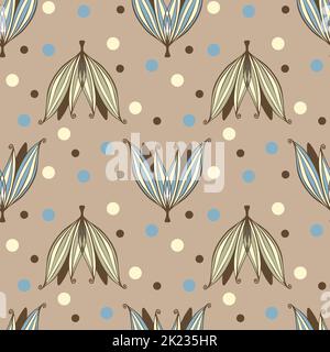 Seamless pattern with doodle flowers pastel color on brown background. . Vector illustration Stock Vector