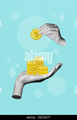 Vertical collage illustration of two human arms black white effect hold give money coins isolated on creative background Stock Photo