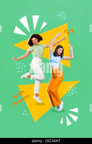 Vertical composite collage of two cheerful positive girls enjoy dancing clubbing isolated on painted background Stock Photo