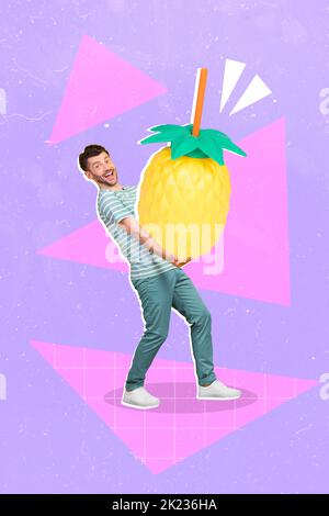 Vertical composite collage picture of excited guy arms hold huge pineapple isolated on drawing background Stock Photo