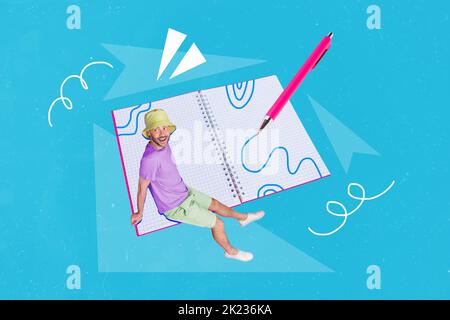 Composite collage illustration of little guy sitting opened copybook pen write drawing isolated on blue background Stock Photo