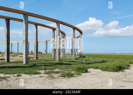 View on the Terp fan de Takomst. An initiative of the village of Blije aSense of Place to emphasize the long connection with the Wadden Sea Stock Photo