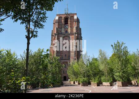 View on De Oldehove in summer during the bosk event. De Oldehove is an unfinished and leaning church tower in the medieval centre of Leeuwarden Stock Photo