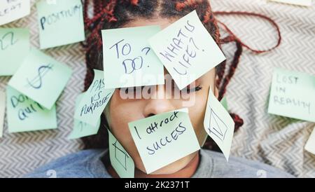 Sticky note, sleeping face and busy woman tired from working, frustrated with office work and burnout stress from startup company. Sad manager with Stock Photo