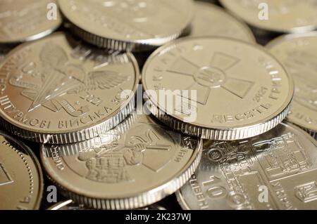 Ukrainian coins - war period limited edition 2021. Translation - assault troops of the armed forces of Ukraine, ten hryvnia. Stock Photo