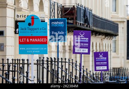 Selection of Estate Agent and Letting Agent boards including Mishon Mackay ,  Simply Lettings in Brighton , Sussex , England UK Stock Photo