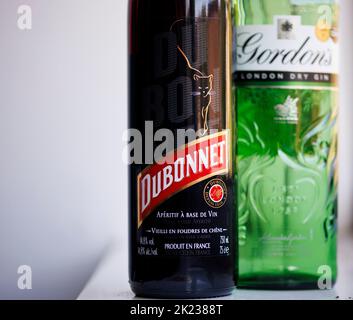 Dubonnet and Gin cocktail ingredients, favoured by Her Majesty Queen Elizabeth II as a lunchtime drink Stock Photo