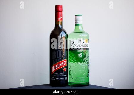 Dubonnet and Gin cocktail ingredients, favoured by Her Majesty Queen Elizabeth II as a lunchtime drink Stock Photo