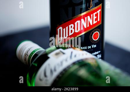 Dubonnet and Gin cocktail ingredients, favoured by Her Majesty Queen Elizabeth II as a lunchtime drink Stock Photo