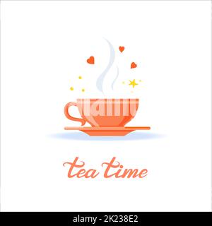 Teacup with hearts and stars in the steam. Tea Time lettering. Tea party invitation, decorative element, poster, sticker Stock Vector
