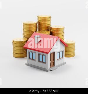 House ahead of Stacks of Coins on Light Gray Background Stock Photo