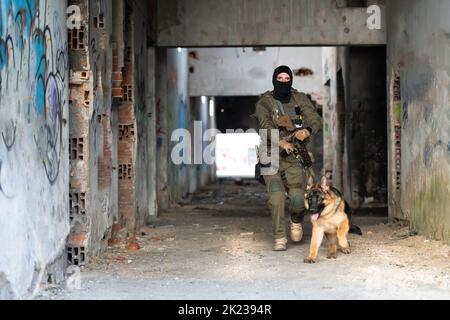 Modern Warfare Soldiers with military working dog in action on the battlefield.  Stock Photo