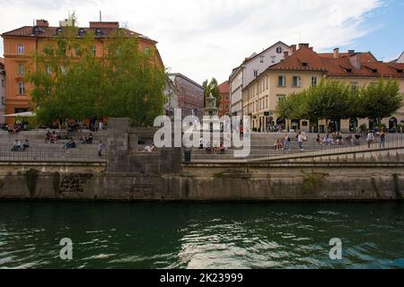 Ljubljana, Slovenia - September 3rd 2022. The waterfront of the Ljubljanici River in central Ljubljana, Slovenia