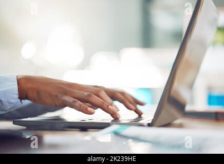 Hands typing, research and working business woman on a work laptop busy with marketing data. Online planning, web search and internet browsing black Stock Photo