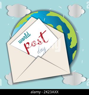 paper cut postcard . world post day Stock Vector