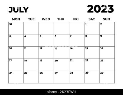 July 2023 Black and White Monday Start Landscaped Monthly Planner Stock Photo