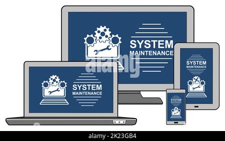 System maintenance concept shown on different information technology devices Stock Photo