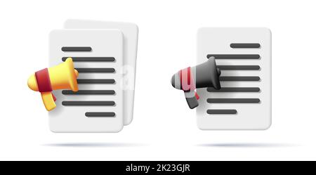 3d icon of file text document with loudspeaker, isolated vector illustration Stock Vector