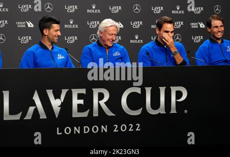 Team Europe's Novak Djokovic, captain Bjorn Borg, Roger Federer and Rafael Nadal (left-right) during a press conference ahead of the Laver Cup at the O2 Arena, London. Picture date: Thursday September 22, 2022. Stock Photo