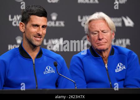 Team Europe's Novak Djokovic and captain Bjorn Borg (left-right) during a press conference ahead of the Laver Cup at the O2 Arena, London. Picture date: Thursday September 22, 2022. Stock Photo